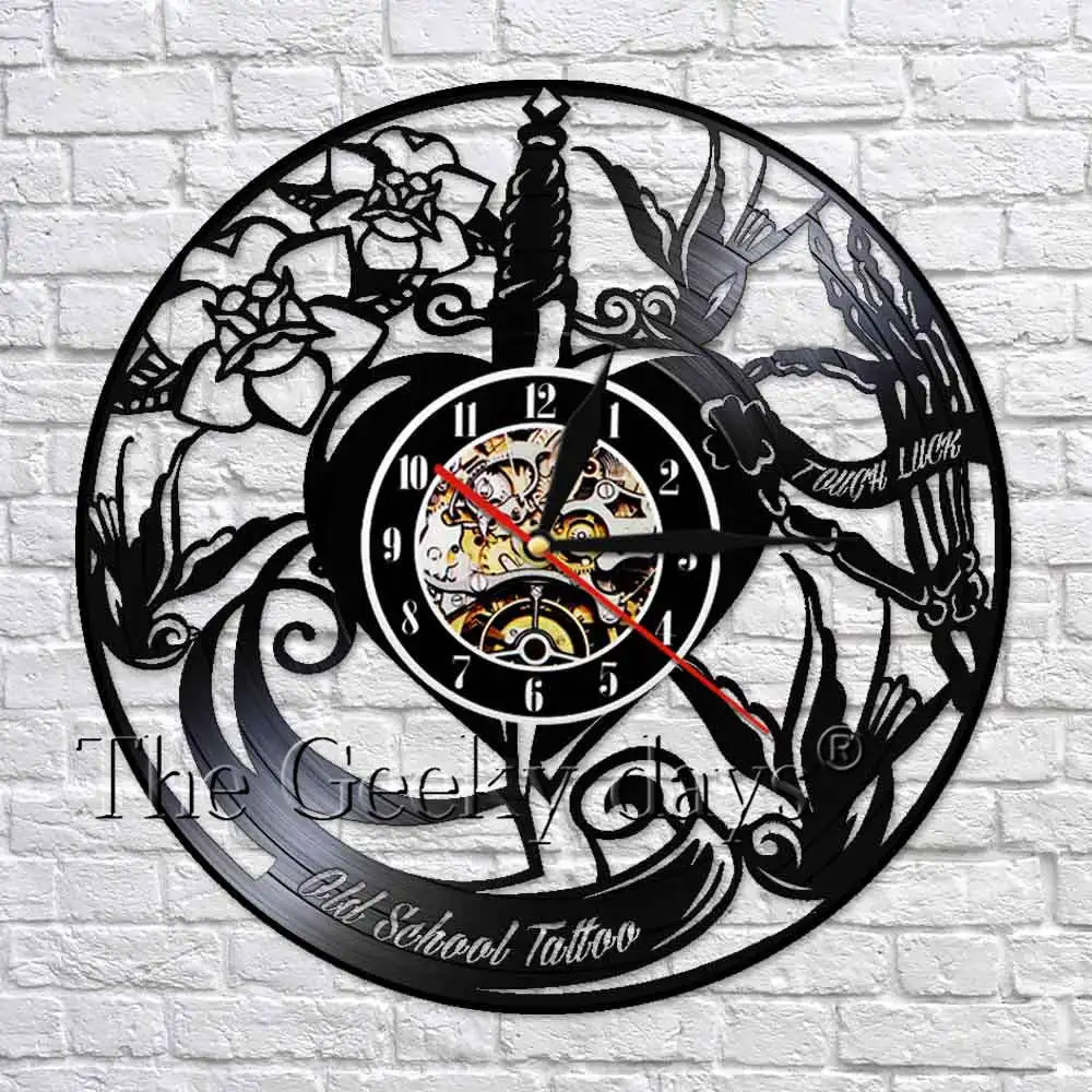 Старая школа тату виниловая запись часы Настенный декор художественное