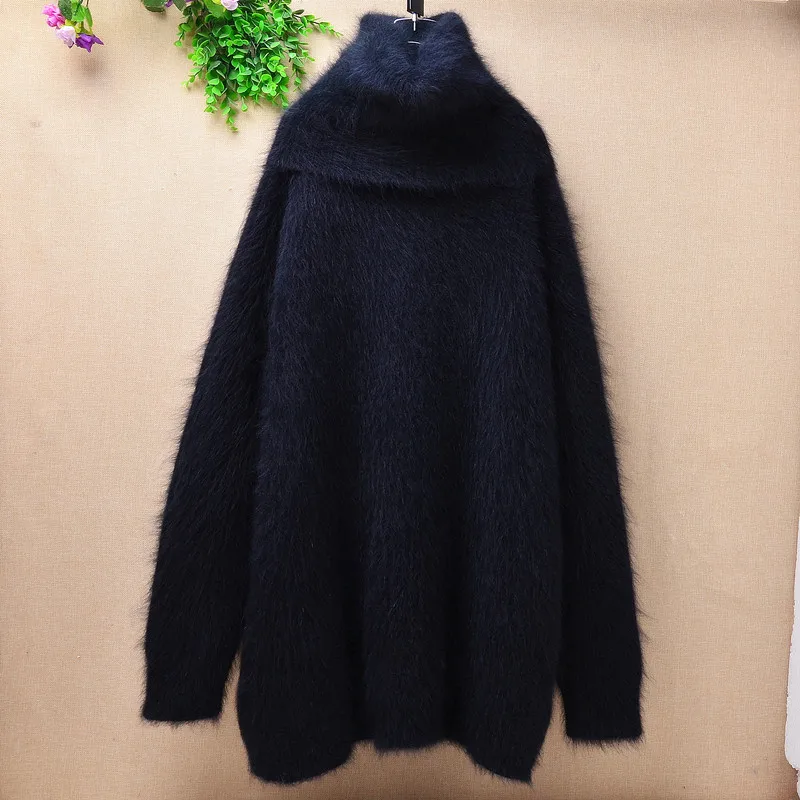 Утолщенный теплый длинный оверсайз норковый кашемир женский зимний свитер с высоким горлом из Ангорского кроличьего меха Свободный пуловер свитер пальто - Цвет: black