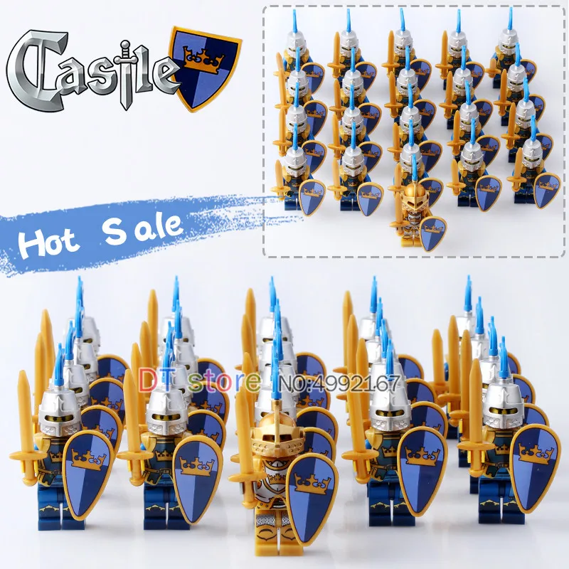 

21Pcs/Lot Legoing Medieval Castle Army Blue Crown Knight with weapons Minifiguresed Building blocks Toys For Children Gifts 9803