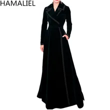 HAMALIEL Подиум осенний Женский Тренч дизайнерский черный бархат XL длинный отложной воротник элегантный тонкий длинный рукав Верхняя одежда