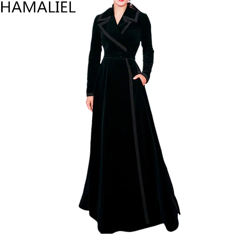 HAMALIEL Runway Autumn Women Trench Coat 2018 Designer Black Velvet XL Long Turn Down Collar Elegant Slim Long Sleeve Outwerwear HAMALIEL Runway Autumn Women Trench Coat 2018 Designer Black Velvet XL Long Turn Down Collar Elegant Slim Long Sleeve Outwerwear