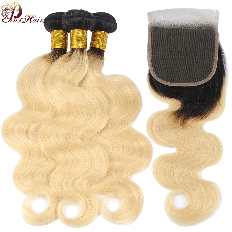 

Pinshair 1B 613 Peruvian Human Hair Bundles with Closure Ombre Blonde Body Wave 13*4 Lace Frontal Closure with Bundles Non-Remy