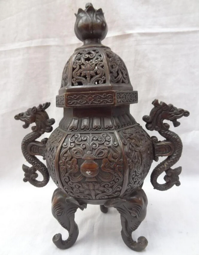 

Collectible bronze S1208 12" Chinese Bronze Auspicious Dragon Statue Lotus Elephant Incense Burner Censer (B0413)