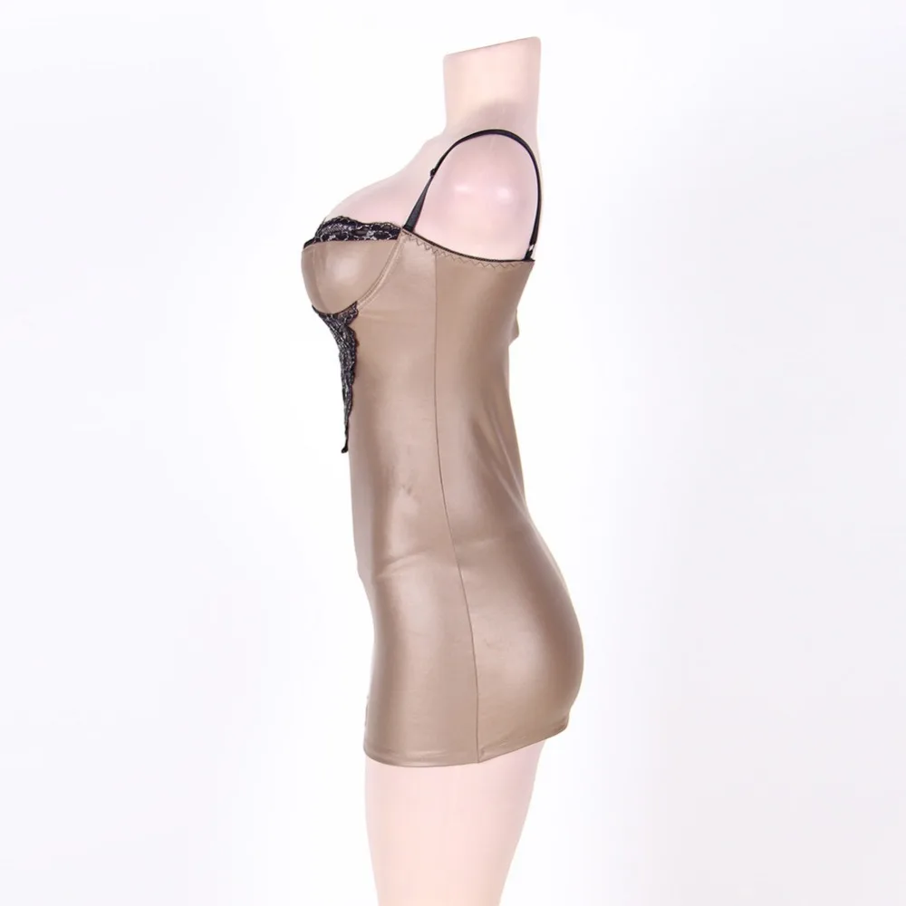 Женская сетчатая сшитая искусственная кожа Сексуальная эротическая ночная рубашка плюшевое платье коричневая Ночная рубашка на бретельках размера плюс