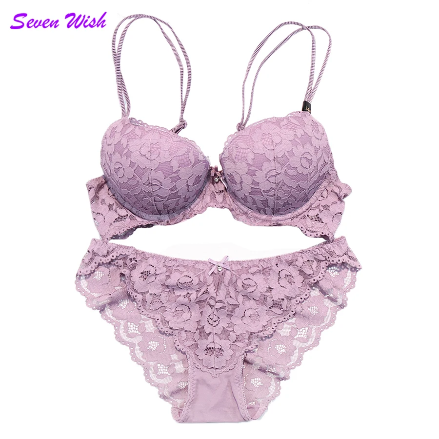 

Fashion sexy full lace embroidery thin thick double shoulder strap thickening underwear deep V-neck women's push up bra set