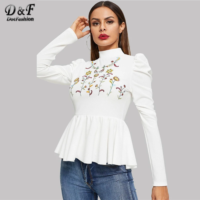  Dotfashion White Flower Embroidered Ruffle Womens Tops And Blouses 2019 Autumn Clothes Casual Pullo