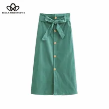 Wonder 2018New летняя винтажная Одноцветный с бантом пояс бумажная миди юбка женская мода пуговицы бизнес шик Повседневная тонкая юбка