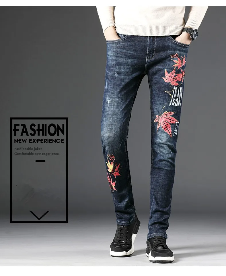 Canada Designed Man Slim Print Slim Jeans Men Skinny Drawing Maple Leaf Denim Pants Male Street Wear High Quatliy Trousers