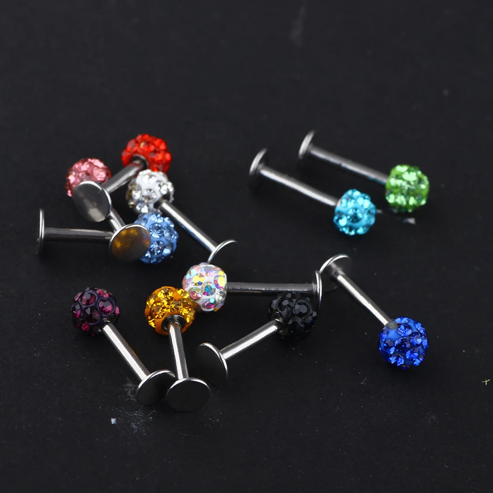JUNLOWPY Labret Ring 16G 6/8/10mm Crystal Ball Surgical Stainless Steel Ball Tragus Bar Ear Body Piercing Jewelry Lip Ring 30PCS