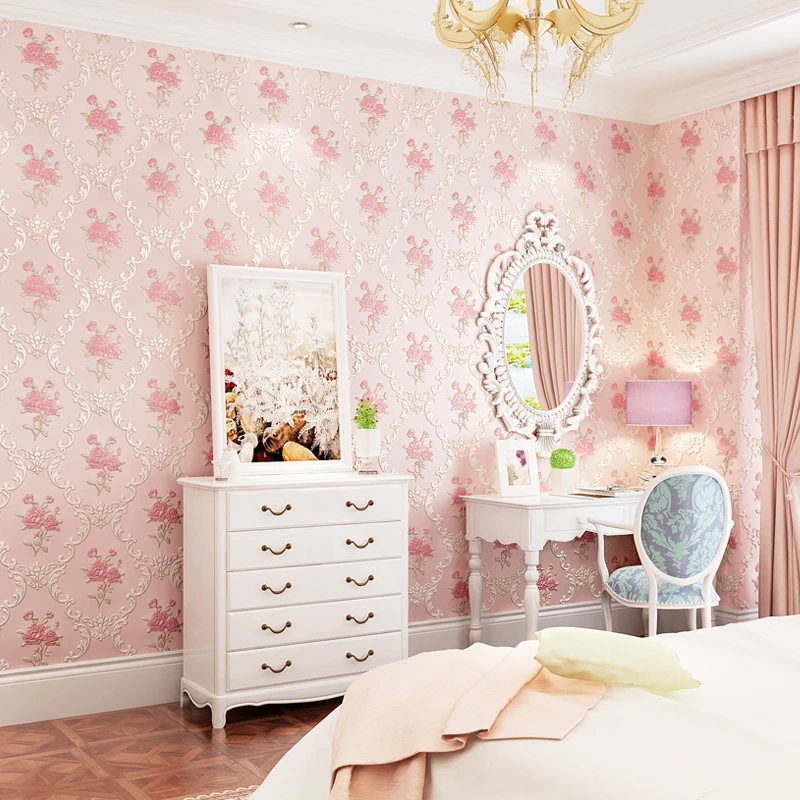 Modern Wall Papers Home Decor European Self-adhesive Floral Pink Green Beige Wallpaper Roll for Walls 3D Bedroom papel de pared