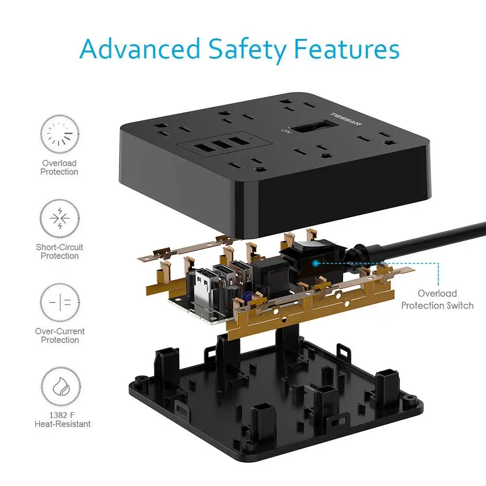 Tessan путешествия мощность полосы с 3 USB порт 6 AC розетки зарядная станция с 4ft удлинитель много точек гнездо для нас