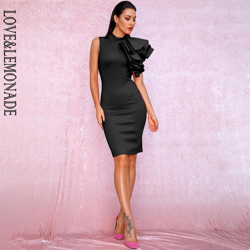 

LOVE&LEMONADE Sexy Black Stand Collar Sleeveless Large Ruffled Trim Bodycon Party Dress LM90002