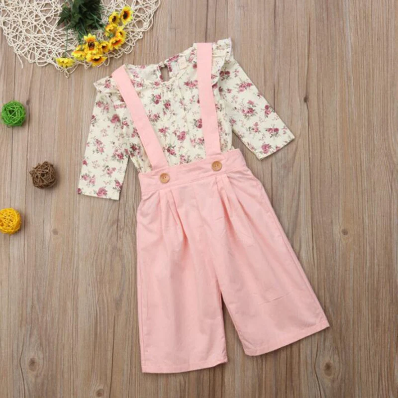 

2019 Spring Summer Cute Pretty Toddler Infant Baby Girls Clothes 2PCS Ruffles Sleeve Floral T Shirt + Pink Bib Wide Leg Pants