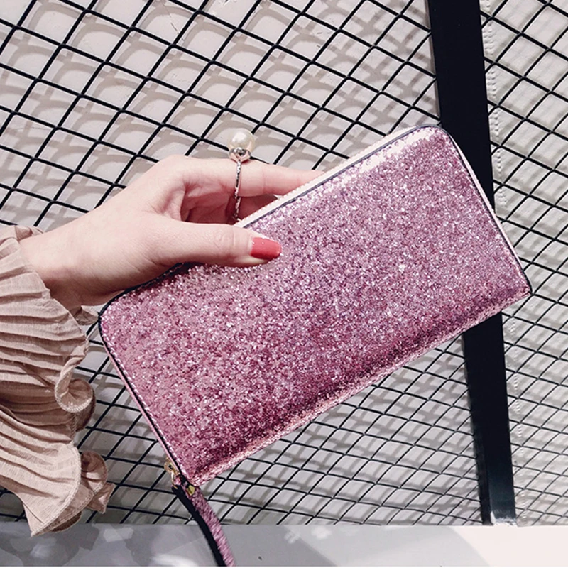 

Bling Sequins Wallets Women Clutch Long Purse Shine Leather Wallet For Credit Card Holders Zipper Party Wallet Handbags Purses