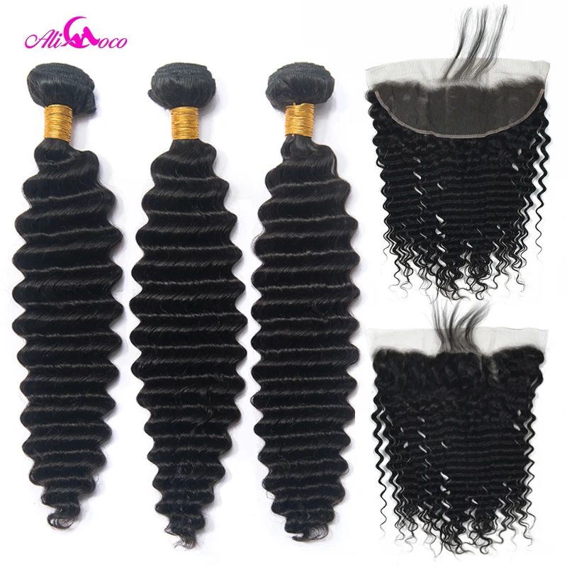 

Ali Coco Deep Wave 2/3/4 Bundles With Frontal Ear To Ear Lace Frontal With Bundles 8-30 Inch Non Remy Lace Frontal With Bundle