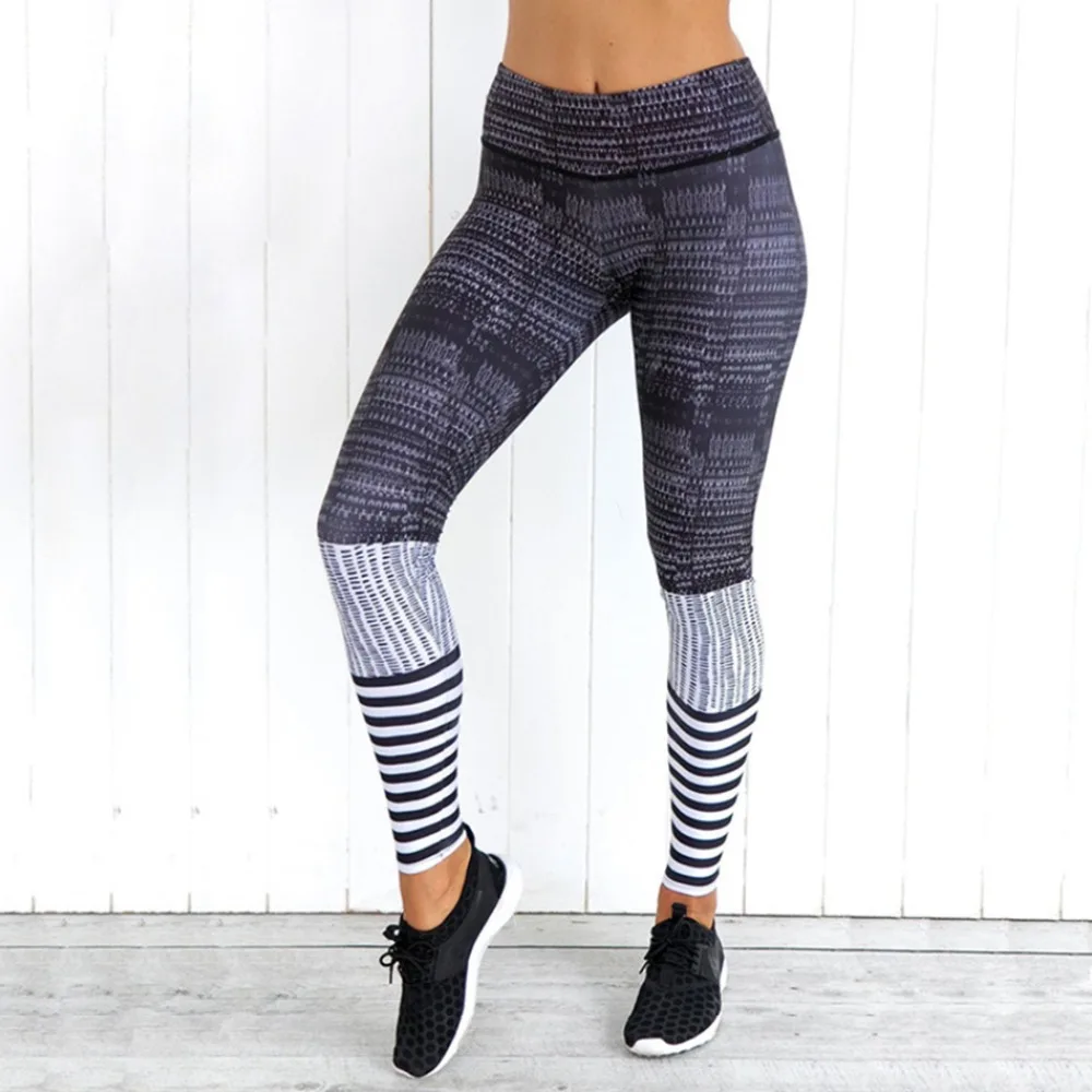 Summer hot new fashion fitness tri-color striped print nine points leggings sexy slim high waist casual hip women