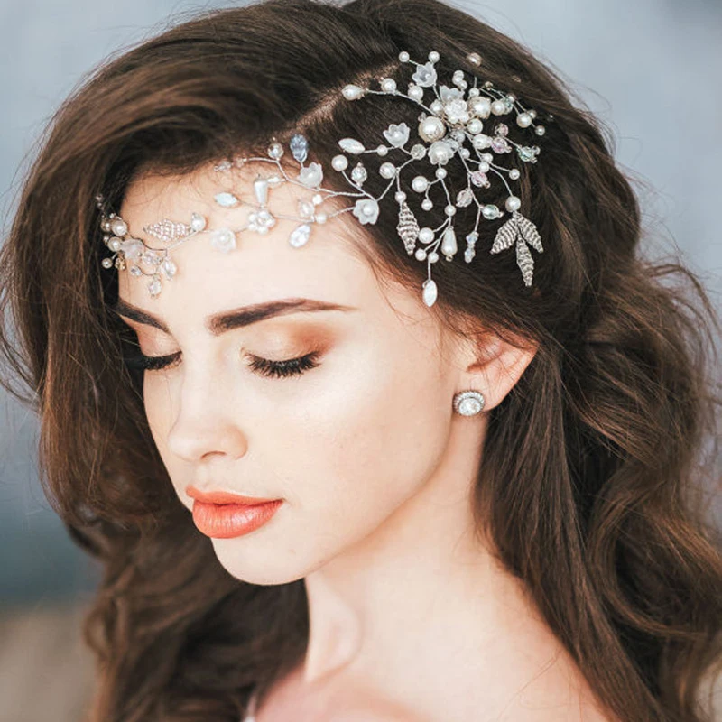 Exquisite Crystal Woven Leaves Flower Bridal Headband Pearls Wedding Hair Jewelry Tiara Handmade