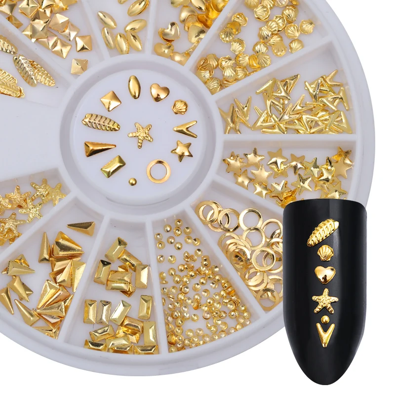 

Gold Shell Starfish Nail Decoration Ocean Heart Star Leaf Circle Rivet Studs Mixed DIY Phone 3D Nail Art Decorations in Wheel