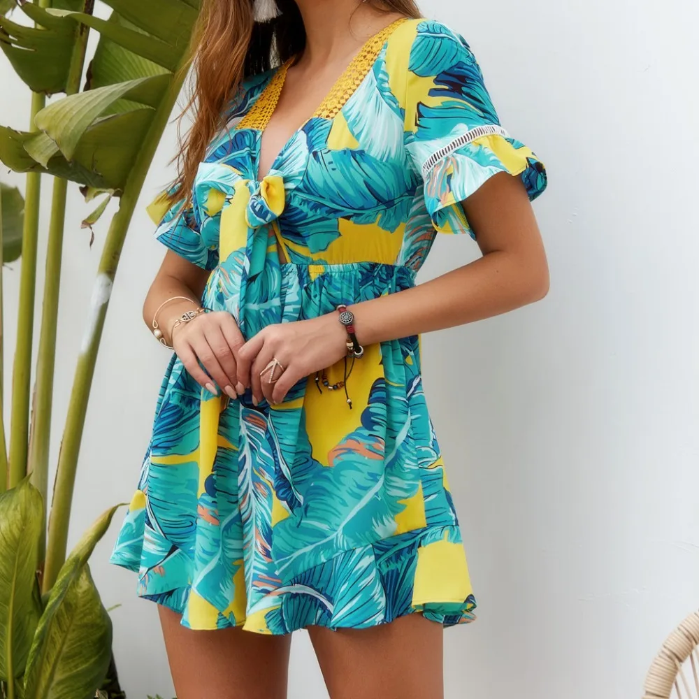 Free Sexy Ostrich Rompers Women Jumpsuit Playsuit Summer Leaves Short Sleeve V Neck Short Sleeve Women's Clothing 2019 New M5