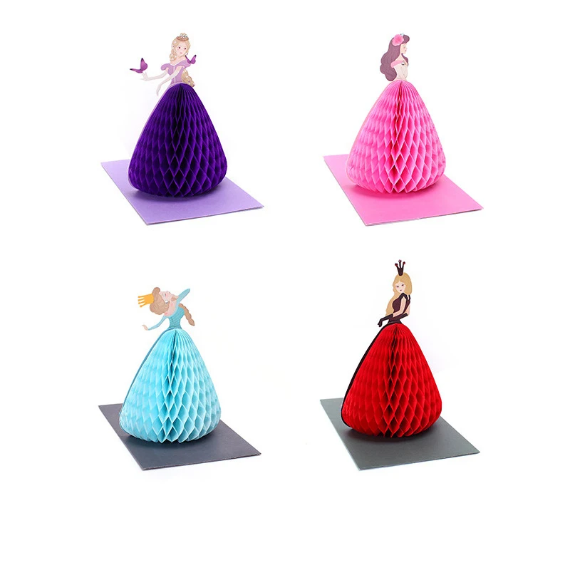  2pcs Hot Pink Princess 3D Three Dimensional Greeting Paper Creative Honeycomb Inviting Cards Weddin - 32856627602