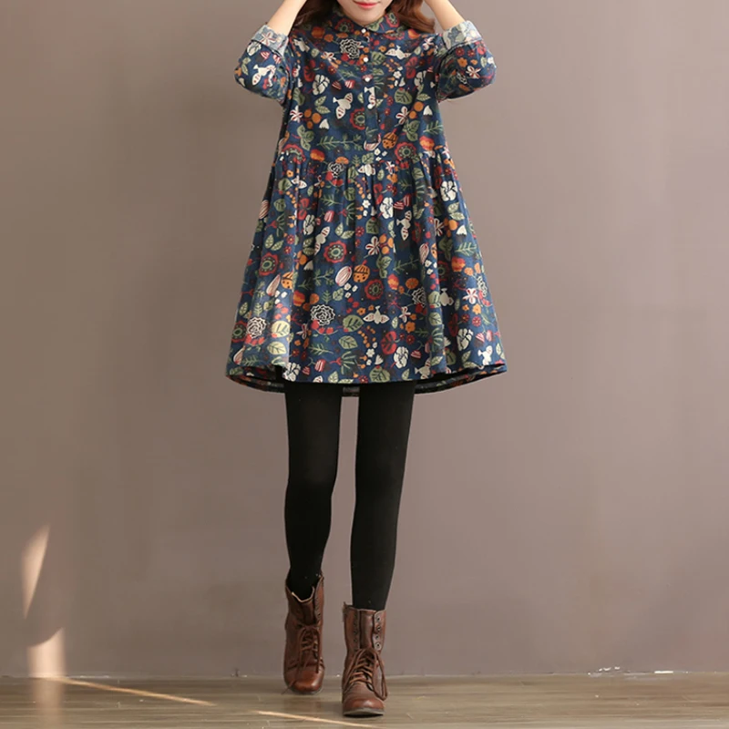 Miglior Più il Formato Delle Donne Dell annata di Autunno Del Vestito Casual Button Manica Lunga Stampato Floreale del Risvolto Pieghettato Gira Imbottiture Bottone Della Camicia Del Collare vestito