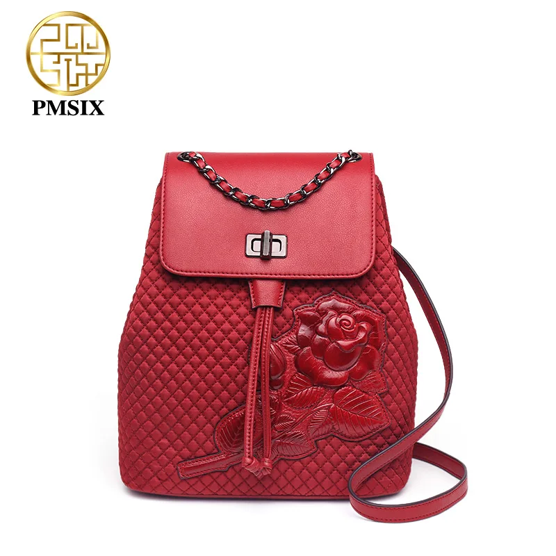 

PMSIX 2019 Women Famous Brands Large Capacity Embossed Floral Backpack bag Casual Red Canvas Bag Ling plaid bolsa feminina
