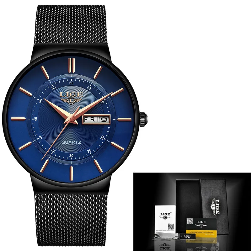 Relogio Masculino LIGE, модные мужские часы, Лидирующий бренд, роскошный подарок, кварцевые часы для мужчин, повседневные, тонкие, сетчатые, стальные, водонепроницаемые, спортивные часы - Цвет: Black blue