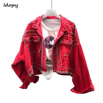 

Idopy Autumn Women's Harajuku Red Denim Jacket Coat Heavy Hand Beaded Rivet Short Jeans Jackets Students Basic Coats Outfits