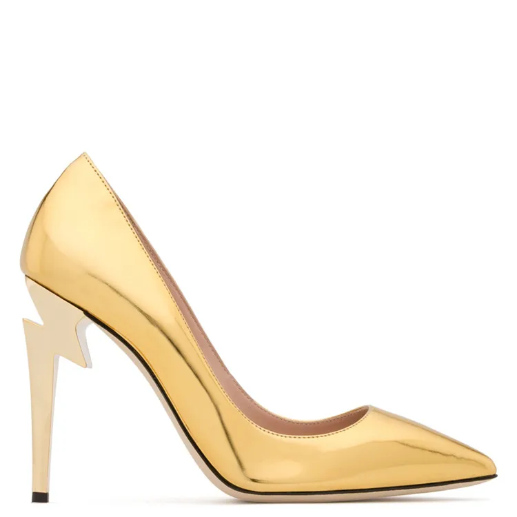 

Newest strange heels woman pointed toe pumps Metallic gold leather high heel shoe office lady dress shoes silver black blue red