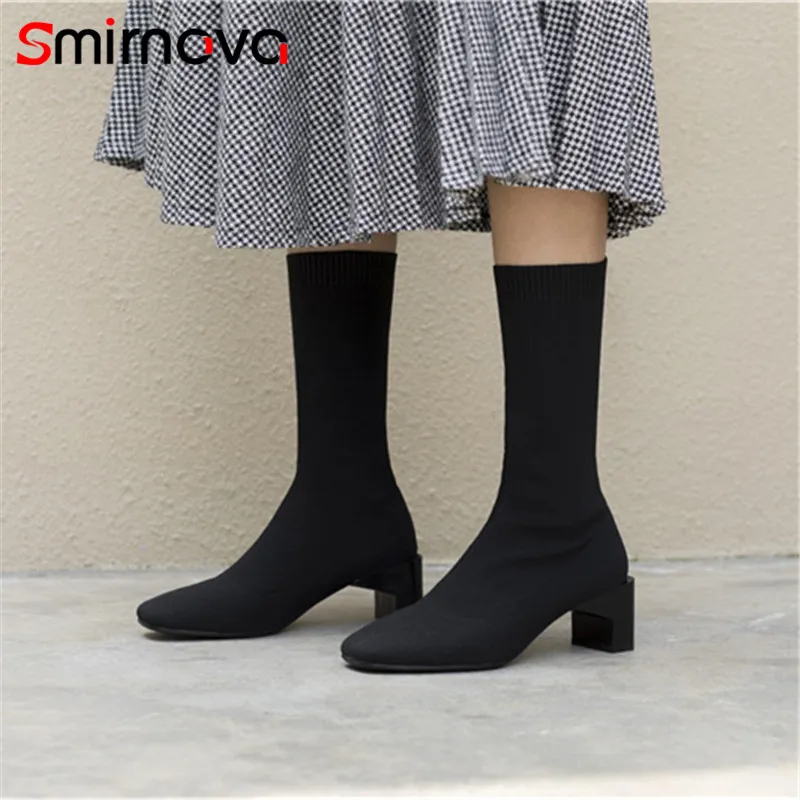 

Smirnova NEW fashion big size boots black 2018 ladies square toe high heels mid calf boots knitting woman boots shoes autumn