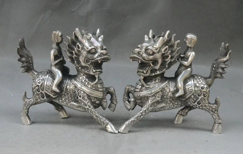 

China Silver Boy Tong Zi Girl Ride Dragon Kylin Chi-lin Qilin BiXie Statue Pair