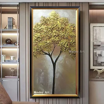 

Hand painted thick textured trees oil painting tree picture Relief artwork vertical golden canvas picture wall canvas painting