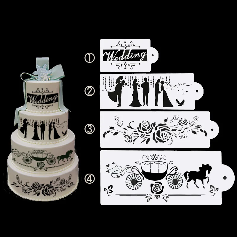 4Pcs Coffee Spray Stencil Mold Set Wedding Cake Stencil Fondant Cake Mould Decorating Bakery Tools DIY Printing Spray Template1