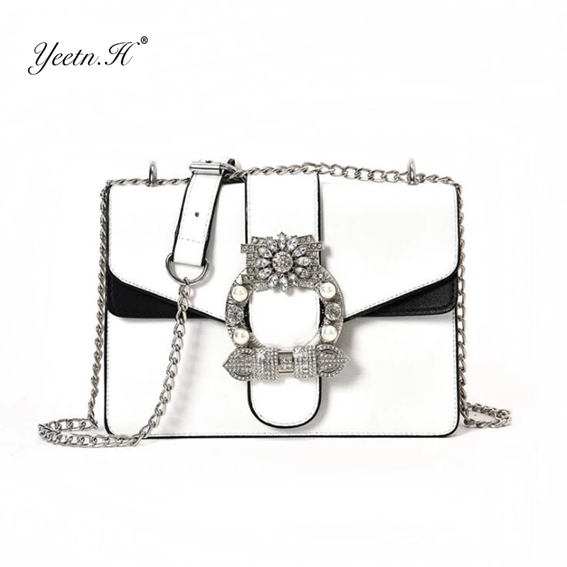 

Yeetn.H Rhinestone Chain Shoulder Messenger Bags Pearl Designer Handbags High Quality PU Leather Crossbody Bags For Women Y2199