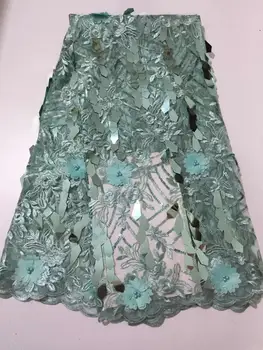 

African Lace Fabric Green, Nigeria Handmade Pearls Lace, High Quality 3 D Flowers Sequins Wedding Lace For Party Dress