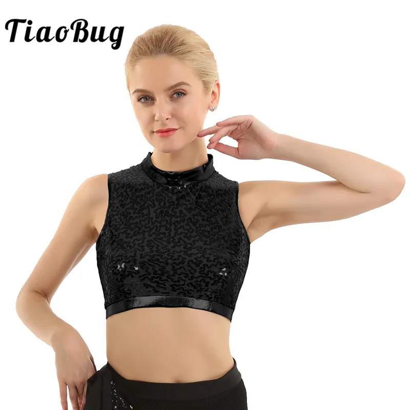 

TiaoBug Fashion Dazzling Glitter Sequins Mock Neck Sleeveless Hollow Back Club Festival Rave Party Women Crop Tops Dance Costume