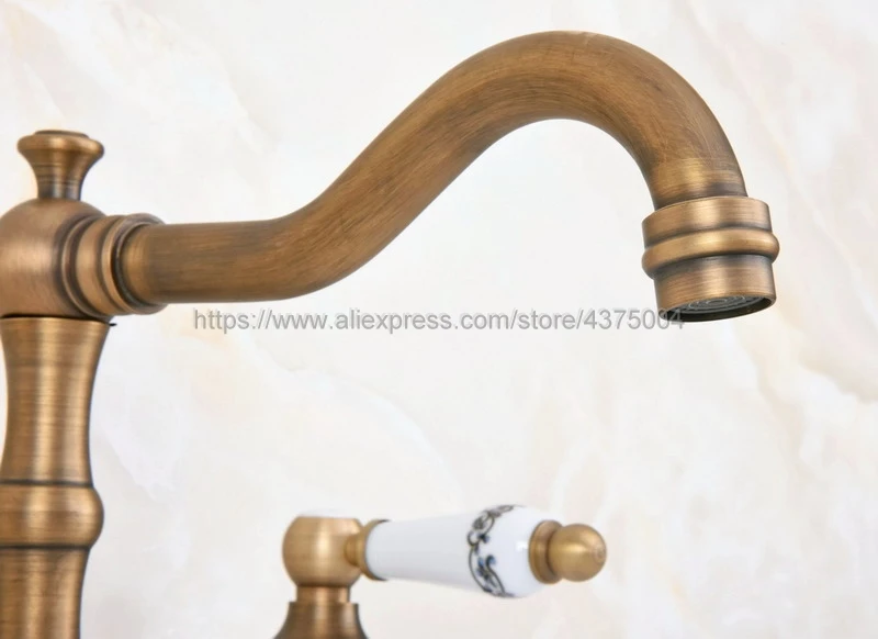 Antique Brass Widespread Bathroom Basin Faucet Dual Handle 3 Holes Basin Mixer Sink Taps Deck Mounted Nan072