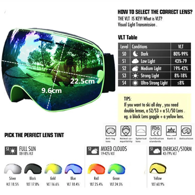 Лыжные очки, очки для сноуборда, двухслойные, противотуманные, UV400 линзы, большая маска для мужчин и женщин, зимние, снегоходные очки, лыжные очки