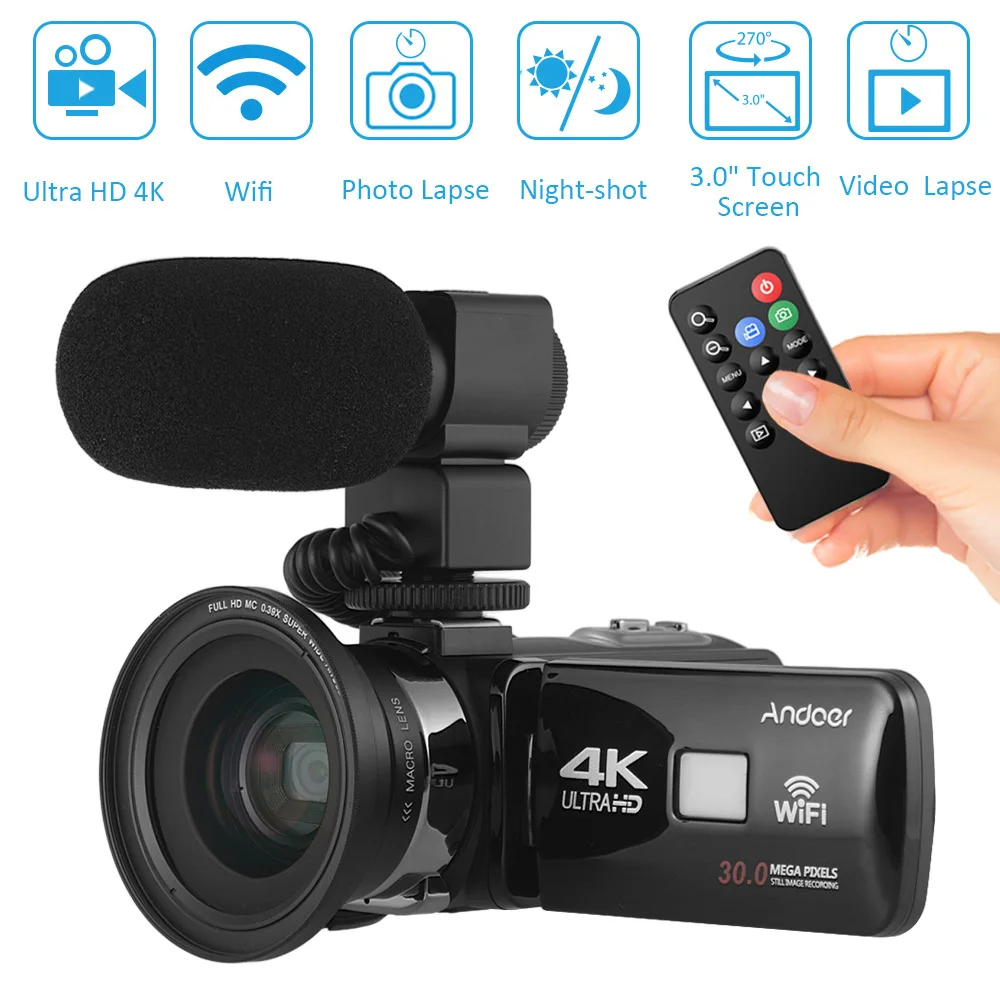 

Andoer 4K Ultra HD WiFi Digital Video Camera Camcorder DV Recorder 16X Zoom 3.0" LCD Touchscreen with External Microphone
