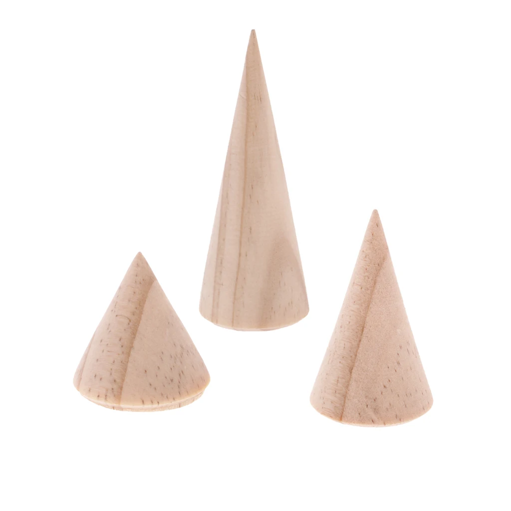 6 Pieces Unpainted Plain Cone Wooden Ring Rack Jewelry Display Stand Holder 