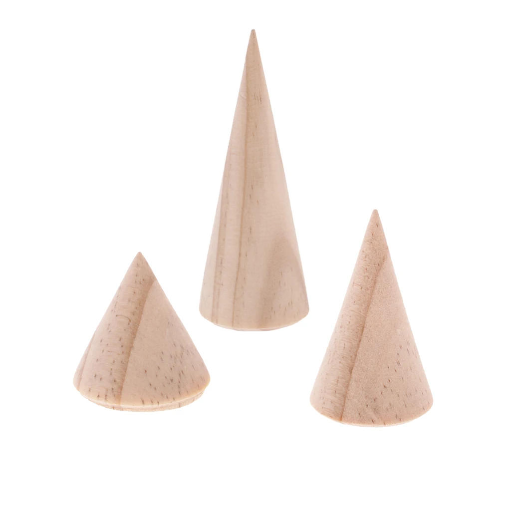 

3Pcs Unpainted Plain Cone Wooden Ring Jewelry Display Stand Holder Organizer