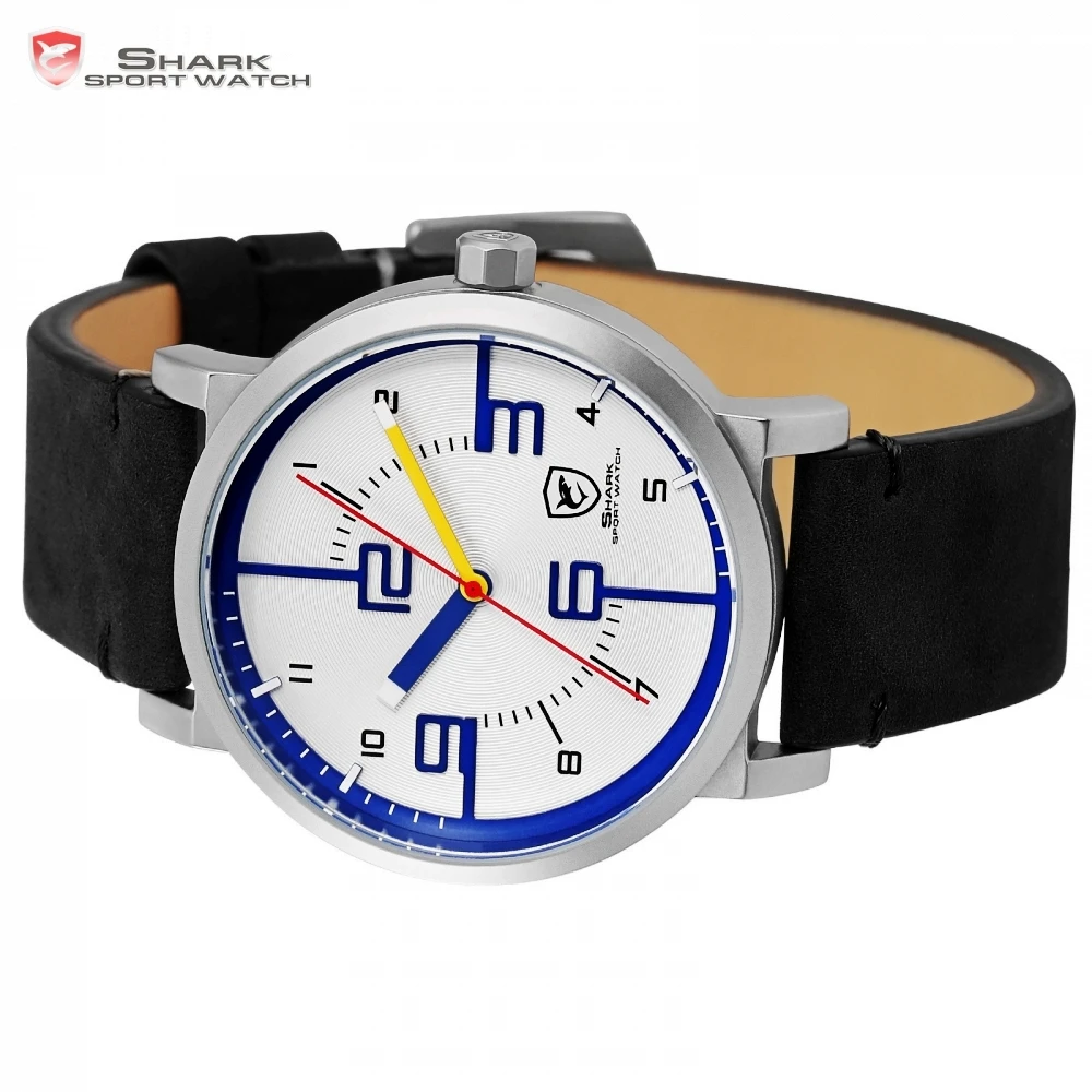 Bahamas Saw SHARK Sport Watch Top Brand Designer White Blue Simple Dial Men Crazy Horse Black Leather Band Quartz Watches /SH570