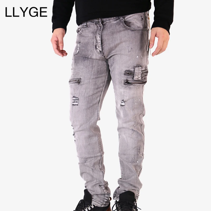LLYGE 2018 для мужчин хип-хоп Slim Cut джинсы прямая доставка джинсы весна для мужчин плиссированные молния пакет Slim Fit джинсы шесть цветов