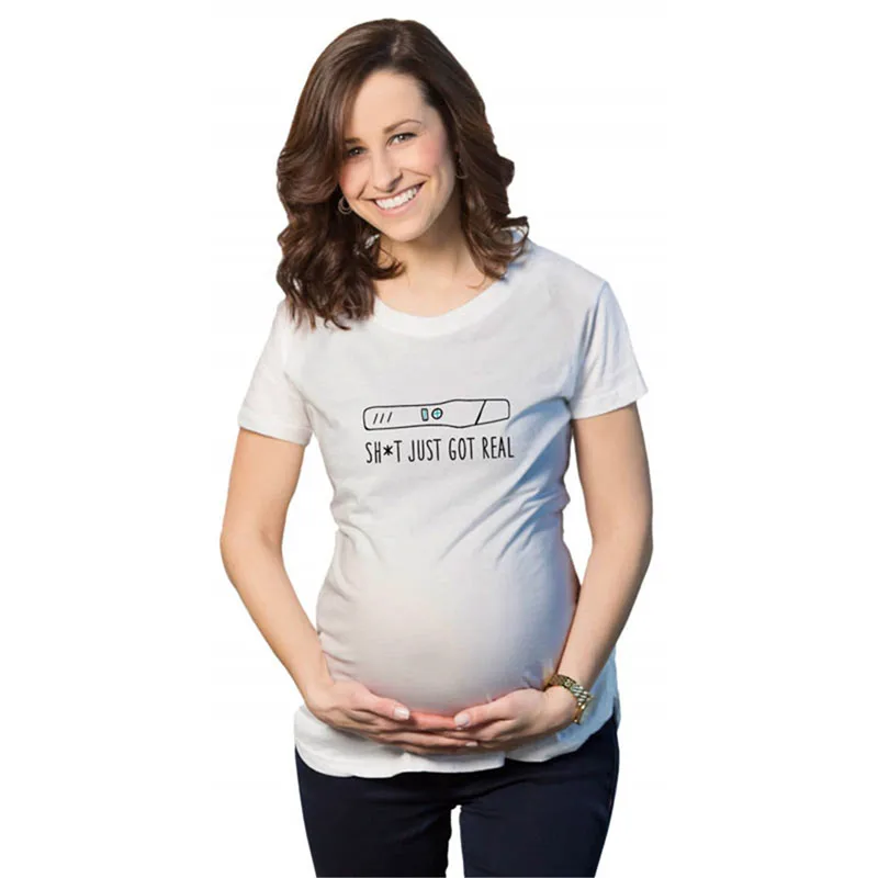 

K234 "Shit Just Got Real" 2016 New Funny Short Sleeve Maternity Shirt Specialized For Pregnant Women Big Size Pregnancy Clothes