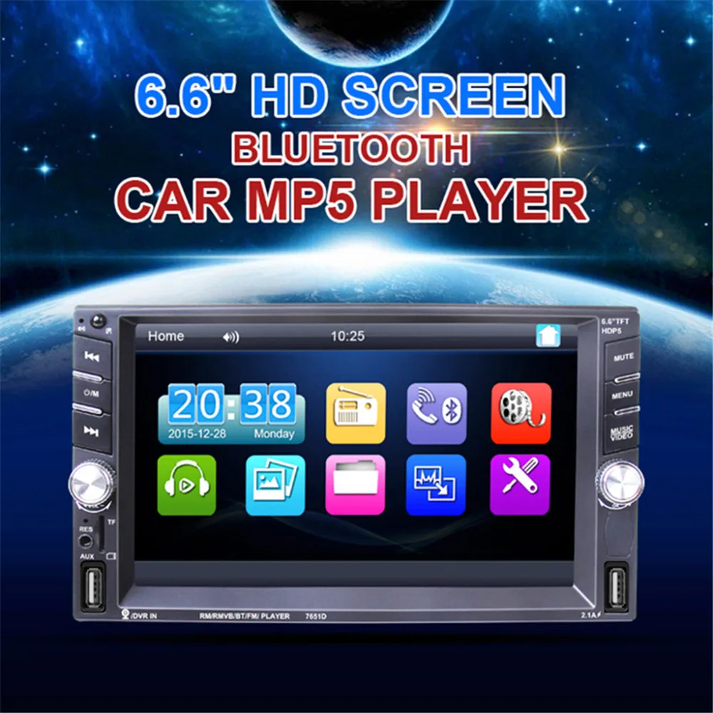 

7651D 6.6 " Car MP5 Player 2 DIN 1080P Video DVR Camera Player Touch Screen MediaStereo Radio Hands-free Car Remote Control