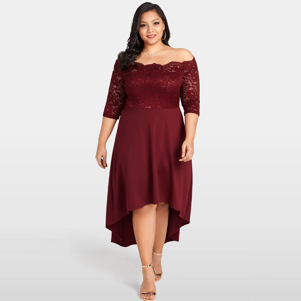 

New Sexy Women Off Shoulder Party Lace Dress Plus Size 5XL Irregular Hem Party Elegant Fashion Midi Dresses Solid Vestidos Mujer