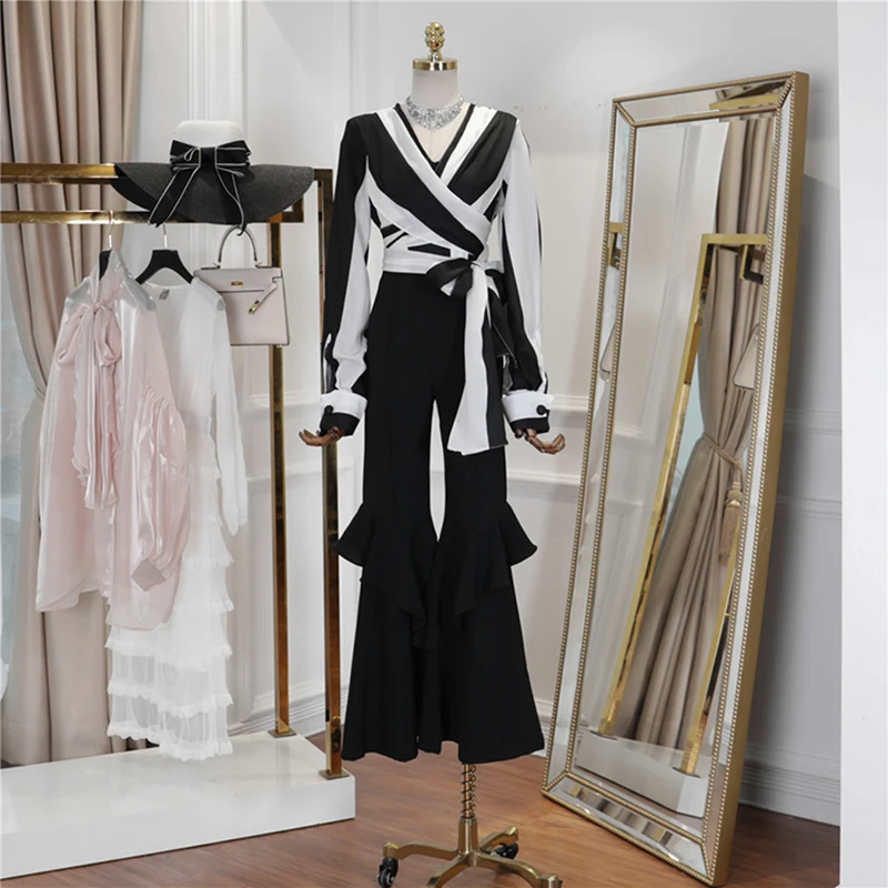 

HIGH STREET New Stylish 2019 Designer Suit Set Women's Long Sleeve Color Block Wrap Tops Blouse Flare Pants Set