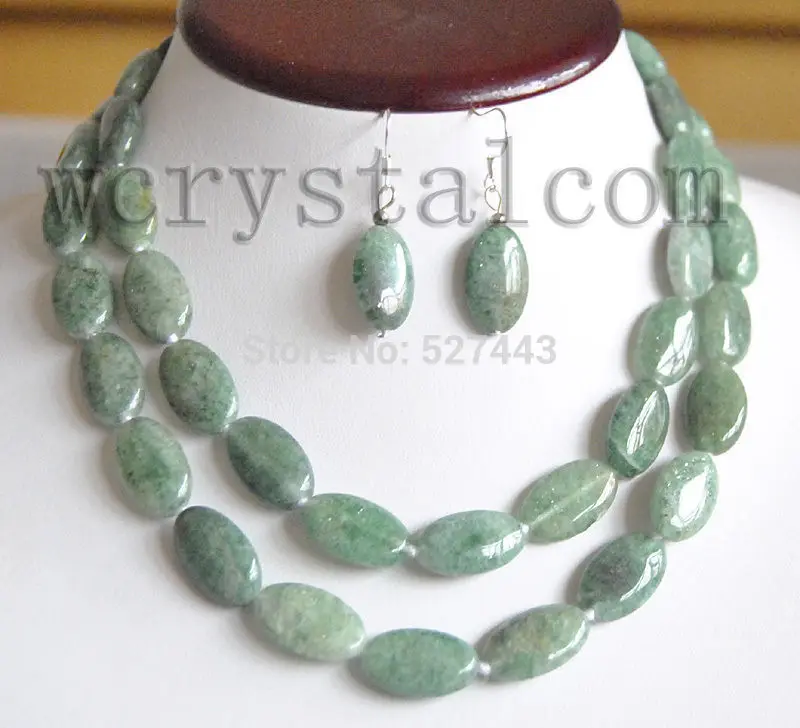 

FREE SHIPPING>>@> Wholesale JWEW6529 Long green oval Aventurine jade jasper stone necklace 32" earrings set Natural jewelry