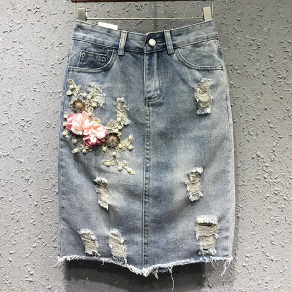 

new fashion summer pearl beading Denim skirt hole embroidery flower high waist hole a-line jeans skirt