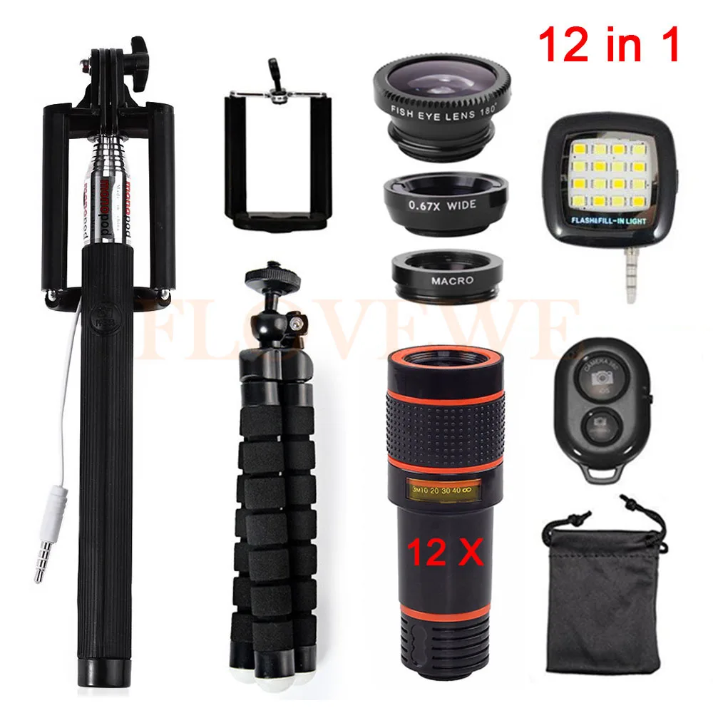 

Universal Clip 12in1 12x Zoom Telephoto Lentes 3in1 Fisheye Lens Wide Angle Macro Lenses Mobile Tripod Remote Selfie Flash Light